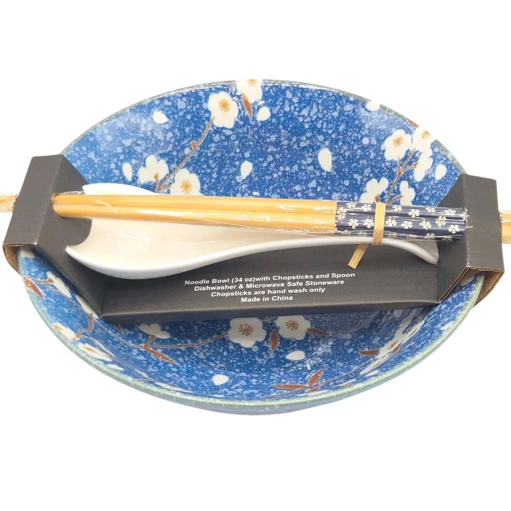 SH Home Sakura Cherry Blossom Ceramic Ramen Noodle Bowl Blue w/ Chopsticks Spoon